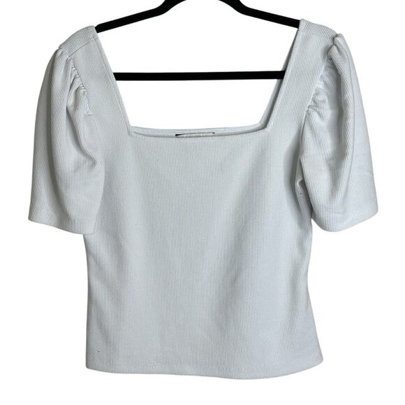 Club Monaco White Ribbed Short Sleeve Blouse Square Neck Stretch Casual M - Picture 1 of 6